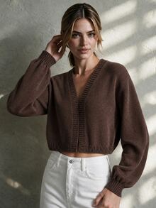 Trelyra Spring/Autumn Basic Solid Color Knitted Cardigan, Lantern Sleeve High Waist Short Top, Soft Knitted Cardigan, Essential Outer Layer For Camisole Skirt, Versatile Piece For Camisole/Dress, All-Season Wearable, High Waist Short Fit To Elongate Lower Body Proportions - Camel - View 3