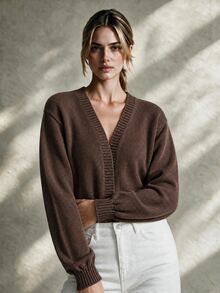 Trelyra Spring/Autumn Basic Solid Color Knitted Cardigan, Lantern Sleeve High Waist Short Top, Soft Knitted Cardigan, Essential Outer Layer For Camisole Skirt, Versatile Piece For Camisole/Dress, All-Season Wearable, High Waist Short Fit To Elongate Lower Body Proportions - Camel - View 4