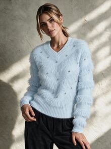 Trelyra Soft Light-Colored Mink Fur V-Neck Heavy Rhinestone Embellished Autumn/Winter Atmosphere Cinched Cinched Waist Pullover Sweater - Blue - View 1