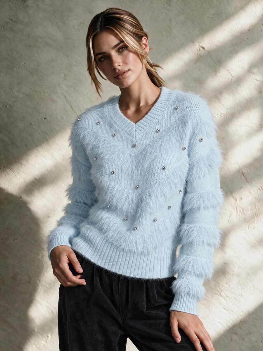 Trelyra Soft Light-Colored Mink Fur V-Neck Heavy Rhinestone Embellished Autumn/Winter Atmosphere Cinched Cinched Waist Pullover Sweater - Blue - View 1