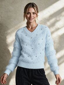 Trelyra Soft Light-Colored Mink Fur V-Neck Heavy Rhinestone Embellished Autumn/Winter Atmosphere Cinched Cinched Waist Pullover Sweater - Blue - View 5