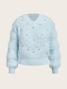 Trelyra Soft Light-Colored Mink Fur V-Neck Heavy Rhinestone Embellished Autumn/Winter Atmosphere Cinched Cinched Waist Pullover Sweater - Blue - View 7