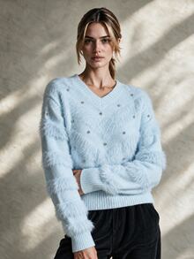 Trelyra Soft Light-Colored Mink Fur V-Neck Heavy Rhinestone Embellished Autumn/Winter Atmosphere Cinched Cinched Waist Pullover Sweater - Blue - View 4