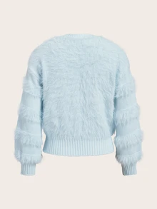 Trelyra Soft Light-Colored Mink Fur V-Neck Heavy Rhinestone Embellished Autumn/Winter Atmosphere Cinched Cinched Waist Pullover Sweater - Blue - View 8