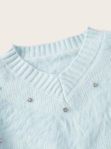 Trelyra Soft Light-Colored Mink Fur V-Neck Heavy Rhinestone Embellished Autumn/Winter Atmosphere Cinched Cinched Waist Pullover Sweater - Blue - View 9