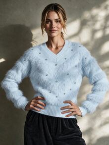 Trelyra Soft Light-Colored Mink Fur V-Neck Heavy Rhinestone Embellished Autumn/Winter Atmosphere Cinched Cinched Waist Pullover Sweater - Blue - View 3