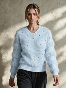 Trelyra Soft Light-Colored Mink Fur V-Neck Heavy Rhinestone Embellished Autumn/Winter Atmosphere Cinched Cinched Waist Pullover Sweater - Blue - View 6