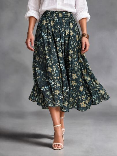 Trelyra Elegant Women's Ditsy Floral Skirt With Large Pockets, Casual Vacation Skirt