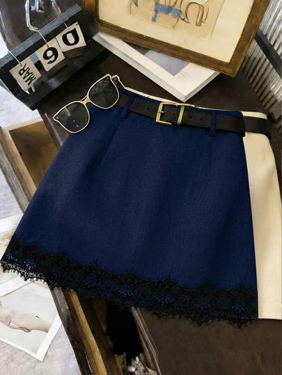 Grovea Women's Plus Size Lace Skirt, Simple Casual Professional Commute, Elegant Suit With Trim, Brunch Office Navy Blue Autumn