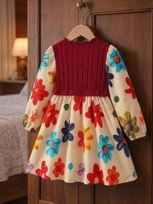 Young Girl Fashion Holiday Floral Print Long Sleeve Dress - Red - View 5