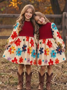 Young Girl Fashion Holiday Floral Print Long Sleeve Dress - Red - View 2