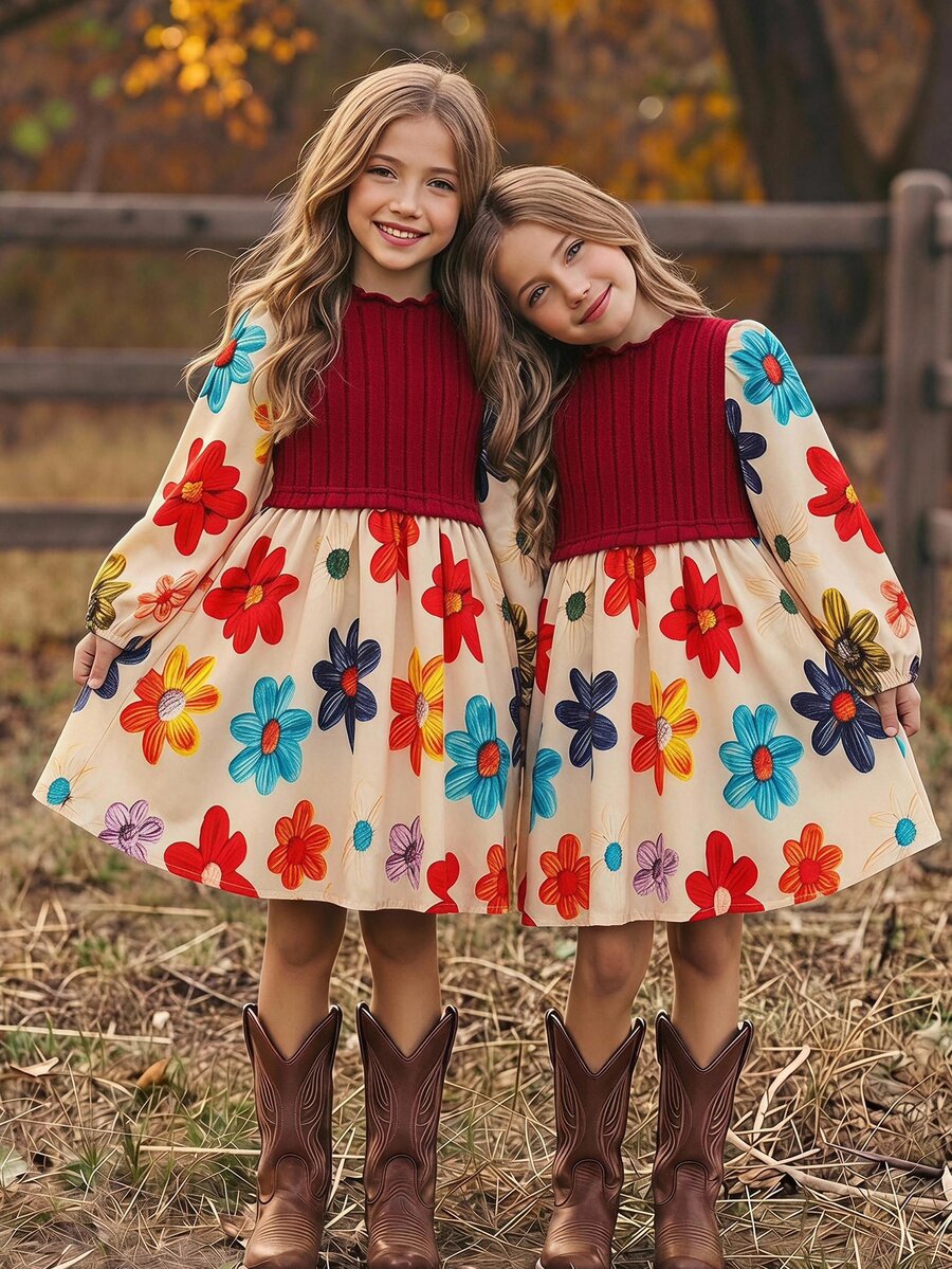 Young Girl Fashion Holiday Floral Print Long Sleeve Dress - Red - View 1