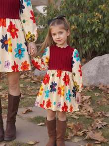 Young Girl Fashion Holiday Floral Print Long Sleeve Dress - Red - View 6