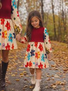 Young Girl Fashion Holiday Floral Print Long Sleeve Dress - Red - View 1