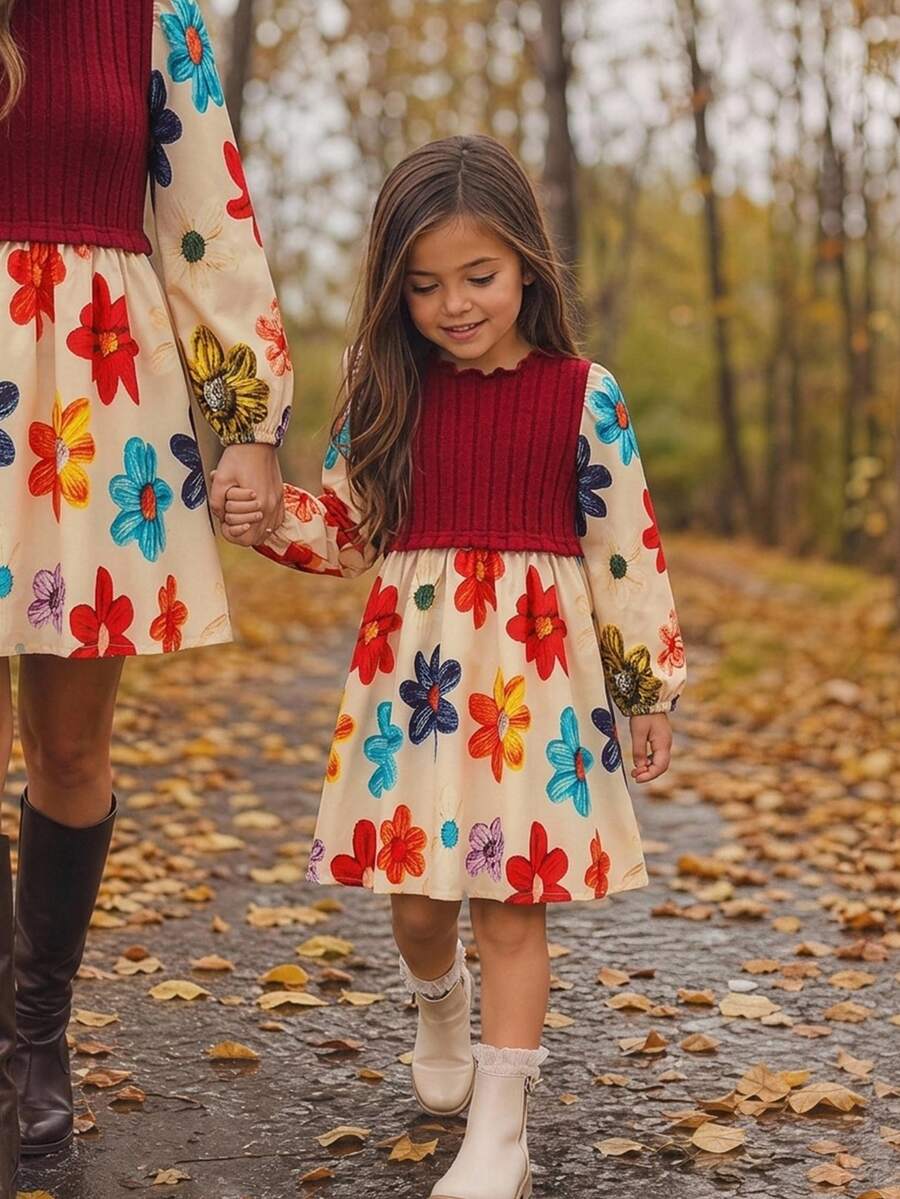 Young Girl Fashion Holiday Floral Print Long Sleeve Dress - Red - View 1