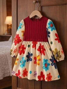 Young Girl Fashion Holiday Floral Print Long Sleeve Dress - Red - View 4