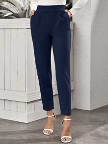 SHEIN High-Rise Slant Pocket Tapered Pants - Navy Blue - View 3