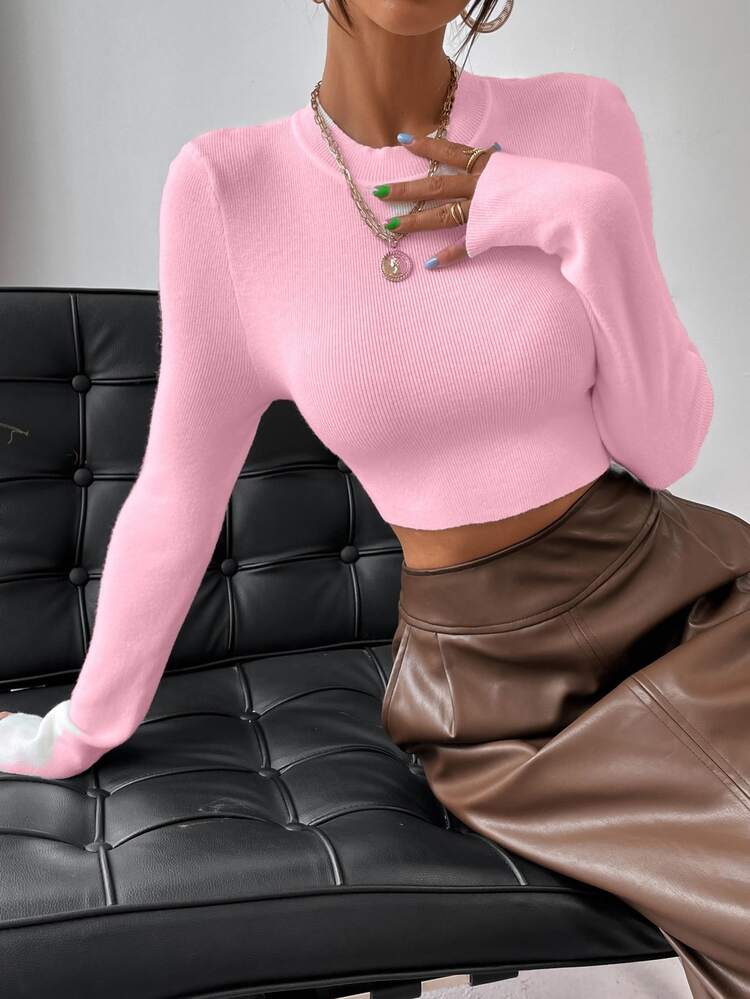 RosyDaze Solid Ribbed Knit Crop Sweater,Long Sleeve Tops Knit Pullover Fall Winter - Pink - View 7