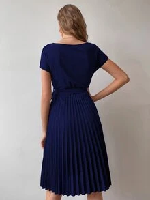 SHEIN Pleated Hem Self Belted Dress - Royal Blue - View 2