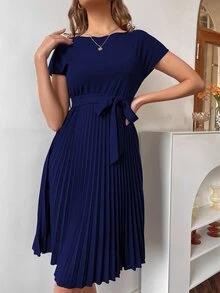 SHEIN Pleated Hem Self Belted Dress - Royal Blue - View 4