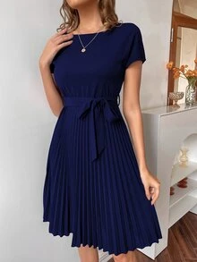 SHEIN Pleated Hem Self Belted Dress - Royal Blue - View 6