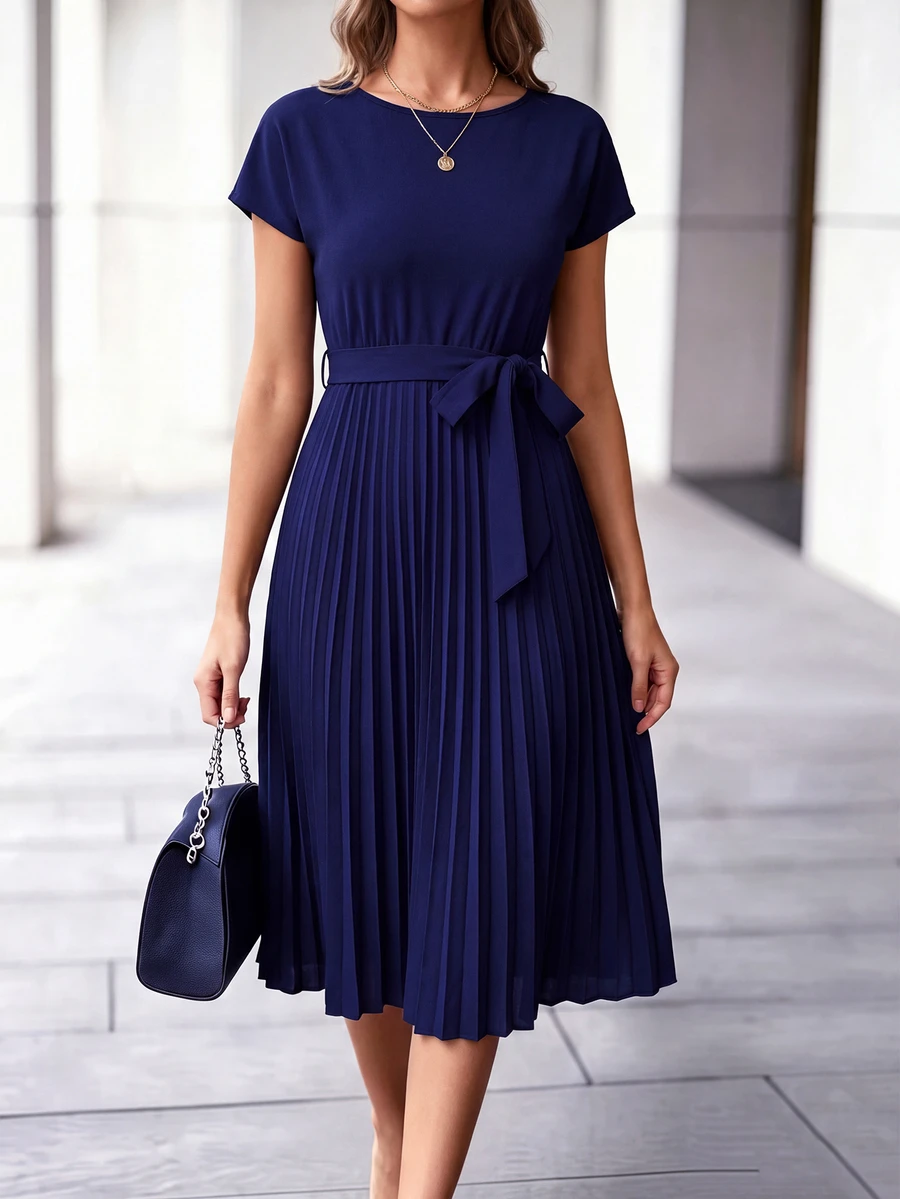 SHEIN Pleated Hem Self Belted Dress - Royal Blue - View 1