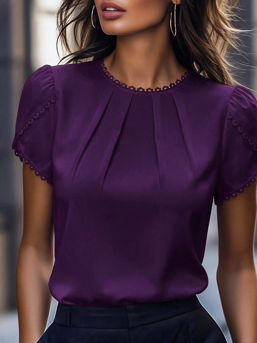RosyDaze Women's Elegant Casual Solid Color Ruffle Petal Sleeve Shirt - Purple - View 1