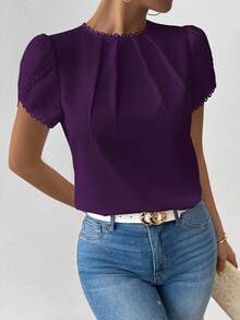RosyDaze Women's Elegant Casual Solid Color Ruffle Petal Sleeve Shirt - Purple - View 3