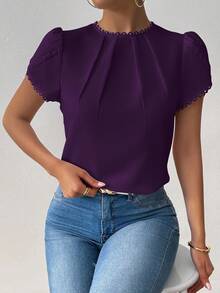 RosyDaze Women's Elegant Casual Solid Color Ruffle Petal Sleeve Shirt - Purple - View 4
