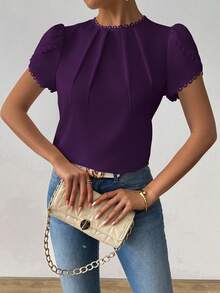 RosyDaze Women's Elegant Casual Solid Color Ruffle Petal Sleeve Shirt - Purple - View 5