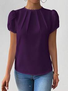 RosyDaze Women's Elegant Casual Solid Color Ruffle Petal Sleeve Shirt - Purple - View 7