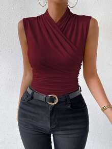 RosyDaze Camiseta de tirantes plisada de unicolor casual para mujer, ideal para el verano - Burdeos - Ver 3