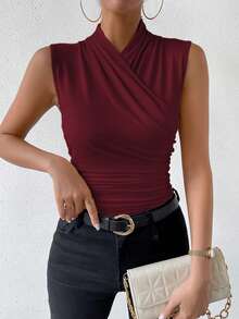 RosyDaze Camiseta de tirantes plisada de unicolor casual para mujer, ideal para el verano - Burdeos - Ver 4