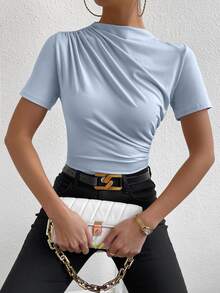 RosyDaze Women's Solid Color Minimalist Short Sleeve T-Shirt, Everyday Wear - Blue - View 5