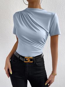 RosyDaze Women's Solid Color Minimalist Short Sleeve T-Shirt, Everyday Wear - Blue - View 6