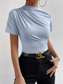 RosyDaze Women's Solid Color Minimalist Short Sleeve T-Shirt, Everyday Wear - Blue - View 7