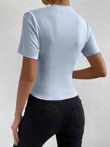 RosyDaze Women's Solid Color Minimalist Short Sleeve T-Shirt, Everyday Wear - Blue - View 2