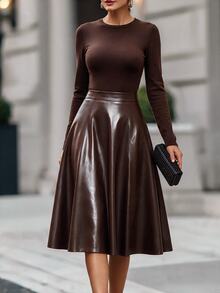RosyDaze High Waist Slant Pocket PU Skirt - Coffee Brown - View 2
