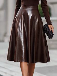 RosyDaze High Waist Slant Pocket PU Skirt - Coffee Brown - View 1