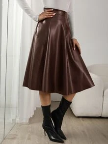 RosyDaze High Waist Slant Pocket PU Skirt - Coffee Brown - View 7