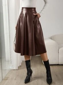 RosyDaze High Waist Slant Pocket PU Skirt - Coffee Brown - View 3