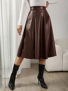 RosyDaze High Waist Slant Pocket PU Skirt - Coffee Brown - View 6