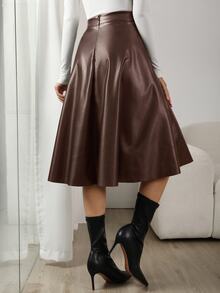RosyDaze High Waist Slant Pocket PU Skirt - Coffee Brown - View 4