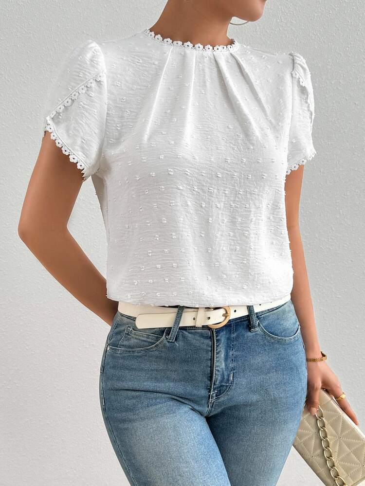 SHEIN Women's Elegant Plain Color Laser Cut Fabric Frill Trim Peplum Sleeve Shirt White Blouse - White - View 3