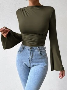 SHEIN Women's Solid Color Simple Casual Flared Sleeve Bodysuit Fall Cloth For Women - Army Green - View 5