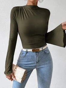 SHEIN Women's Solid Color Simple Casual Flared Sleeve Bodysuit Fall Cloth For Women - Army Green - View 7