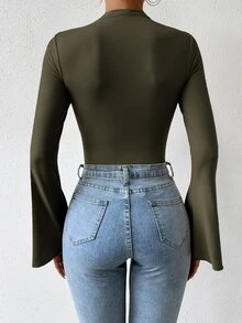 SHEIN Women's Solid Color Simple Casual Flared Sleeve Bodysuit Fall Cloth For Women - Army Green - View 3