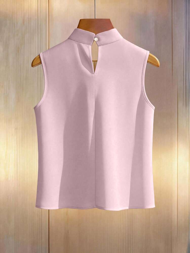 SHEIN Women's Casual Elegant Solid Color Pleated Pearl Decor Button, Suitable For Daily Commute Wear, Business Style Shirt - Pink - View 2