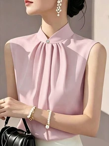 Rosivaux Women's Casual Elegant Solid Color Pleated Pearl Decor Button, Suitable For Daily Commute Wear, Business Style Shirt - Pink - View 3