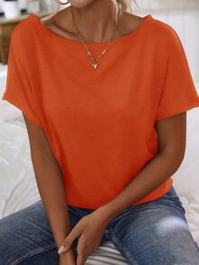 SHEIN Batwing Sleeve Solid Tee - Orange - View 5